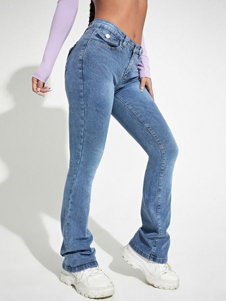 

high stretch zip up flare leg jeans d55i#, Blue
