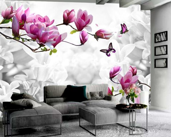 Carta da parati moderna 3D Fiore di magnolia rosa Farfalla Carta da parati 3D Carta da parati per interni TV Sfondo Decorazione murale Carta da parati murale 3D