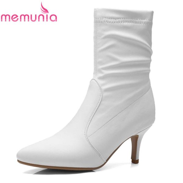 

memunia big size 34-43 new arrival 2020 ankle boots white black pointed toe pu leather boots solid women dress shoes high heels