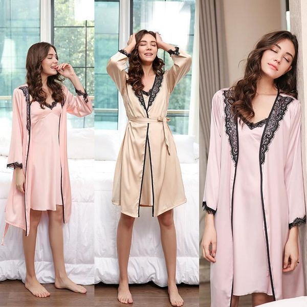 

spring/summer new with chest cushion sling pajamas sling dressing gown two-piece silk pajamas1, Black;red