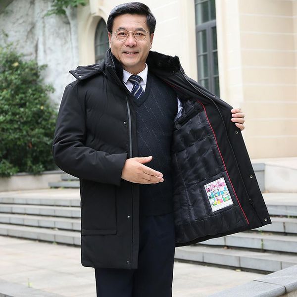 

mimi father's winter down jacket men's thickened medium length duck down jacket winter warm coat for men's grandfather, Black