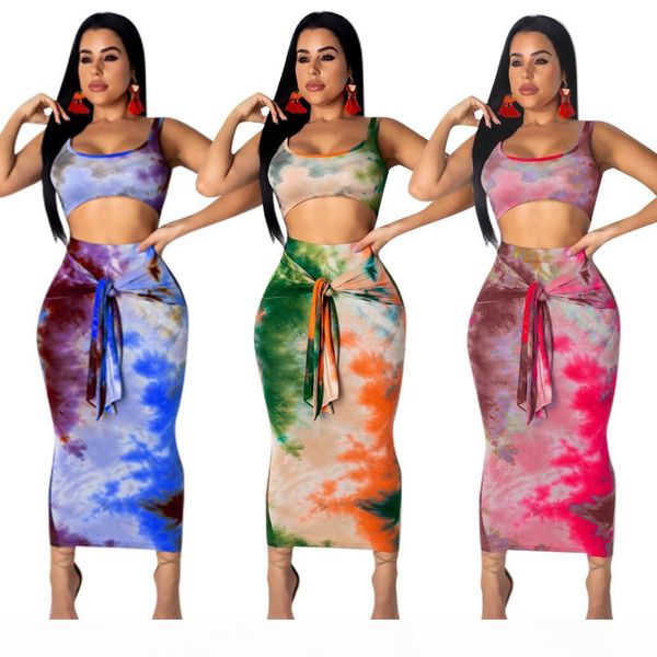 

casual outfits tracksuit women print pattern short mid-calf skirt slim sashes two piece set ensemble femme dos piezas, White