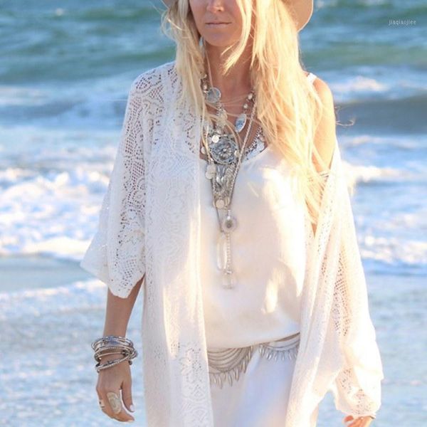 

women's sweaters wholesale-ladies fringe lace long kimono cardigan bikini cover up1, White;black