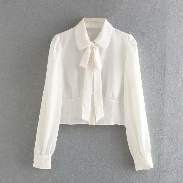 

women's blouses & shirts hadara fashion solid bow women elegant turn down collar long sleeve casual short high waisted ladies, White