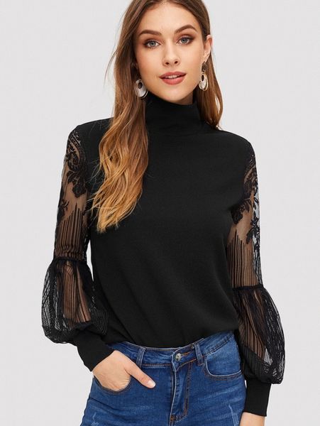 

high neck lace lantern sleeve 24fv#, White