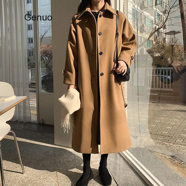 

autumn solid turn-collar women elegant coats sashes a-line woolen coats female lantern sleeve outwear1, Black