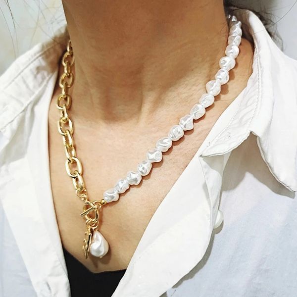 

fashion irregular baroque pearl golden chain necklace women jewelry vintage geometric pendant necklace for women accessories, Silver