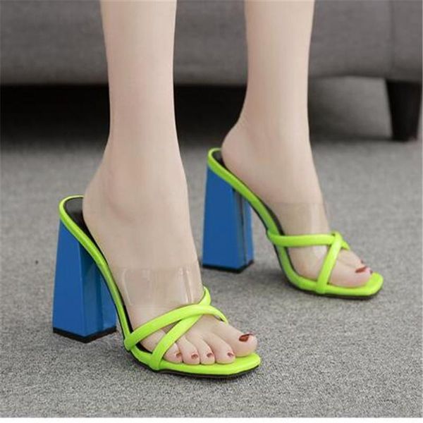 

women's shoes summer snake pattern thick high heel 10cm square toe head sandals and slippers pu slip on waterproof, Black