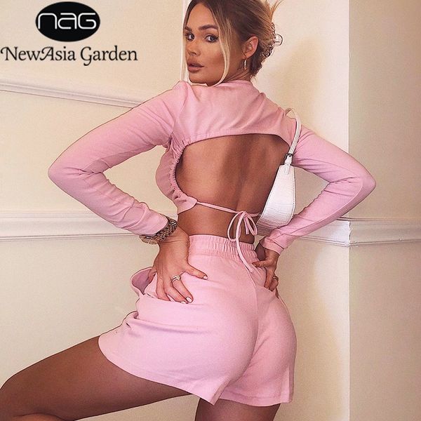 

newasia pink activewear two piece set women backless long sleeve crop shorts tracksuit womens summer loungewear set y201128, White