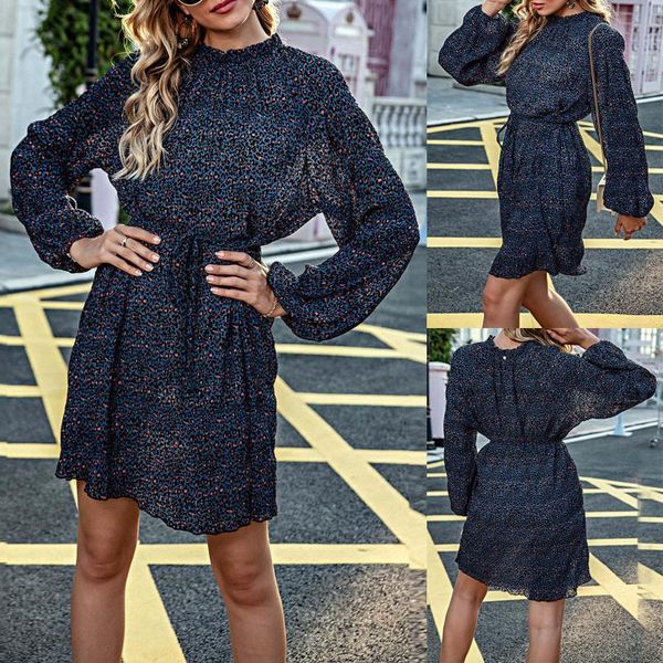 

2021 new dresses womens fashion leopard print dresses long sleeve casual stand lace dress vestido de mujer, Black;gray