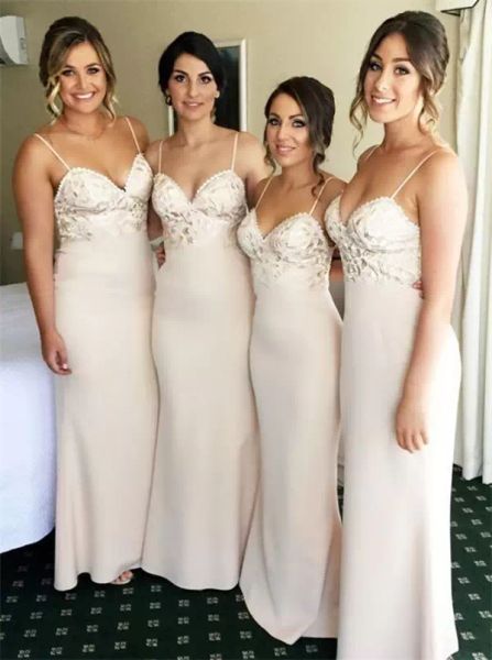 

2022 chiffon bridesmaid dresses spaghetti straps ruched floor length sheath lace applique custom made plus size maid of honor gown beach wed, White;pink