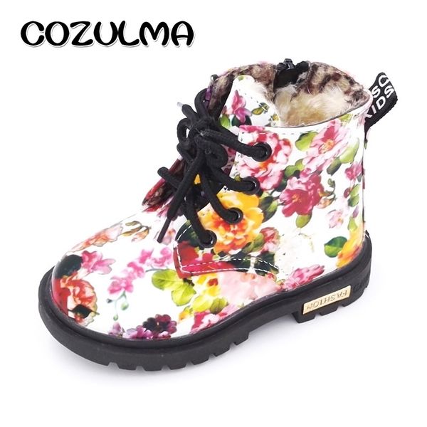 

cozulma kids winter plush snow boots for girls boys floral flower print martin boots children ankle boots baby toddler shoes y200104, Black;grey