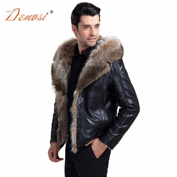

2017-18 fashion leather suede coat men winter leather jacket motorcycle style natural raccoon fur one piece jacket with hooded1, Black