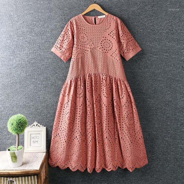 

2021 new summer small fresh cotton dress hollow embroidery dress o neck loose1, Black;gray