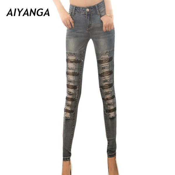 

women's jeans fashion personality for women skinny elasticity pencil pants cool ripped hole slim ladies trousers woman, Blue