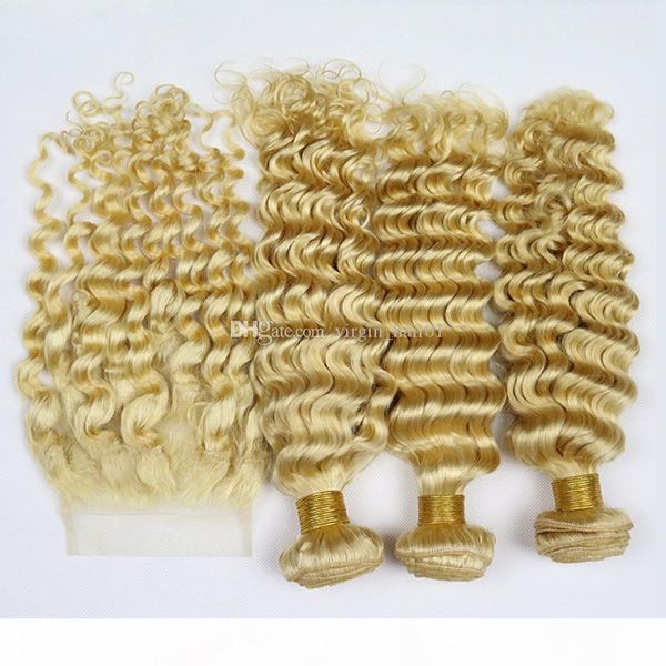 

deep wave #613 blonde virgin hair weave 3bundles with closure brazilian blonde human hair weaves extensions with lace front closure, Black;brown
