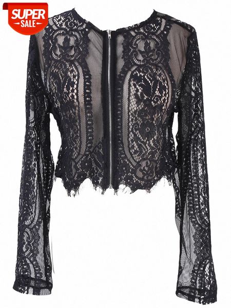 

women slim lace flore shirt crop long sleeve crop mesh #wt7t, White