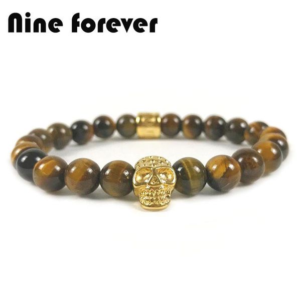 

charm bracelets nine forever tiger eye beads skull bracelet men jewelry stainless steel & bangles pulseira masculina christmas gift, Golden;silver