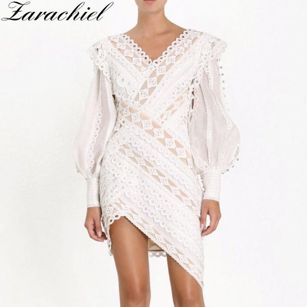 

2020 spring runway designer hollow out lace dress women beading long lantern sleeve v-neck high waist asymmetrical mini dress1, Black;gray