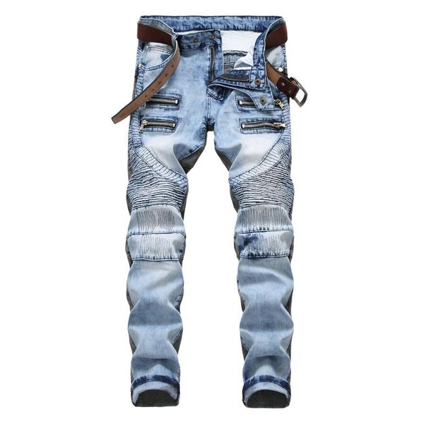 

biker men jeans zippers pleated spliced washed retro bleached casual skinny male vintage fashion denim pants, Blue