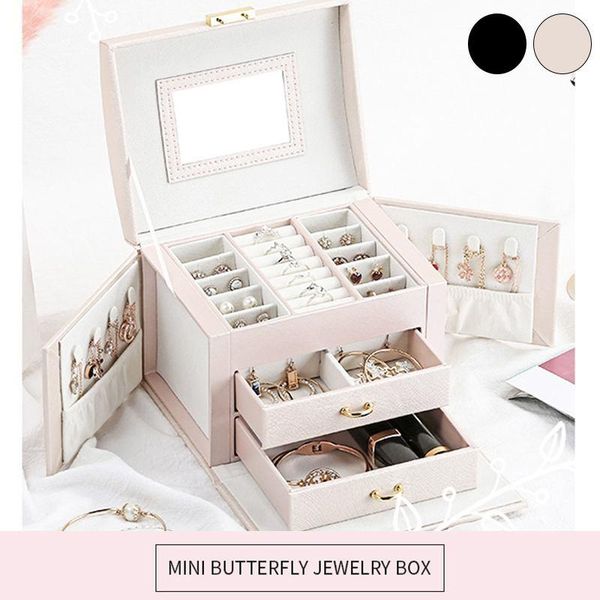 

jewelry box large capacity leather storage jewelry box earring ring necklace with mirror watch organizer, Pink;blue