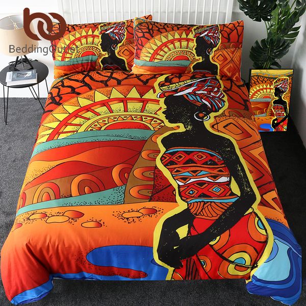Beddingoutlet Afrika yatak seti Kral insan kadın yorgan kapağı çöl geometrik ev tekstil kırmızı turuncu güneş yatağı 3 parçalı y200111