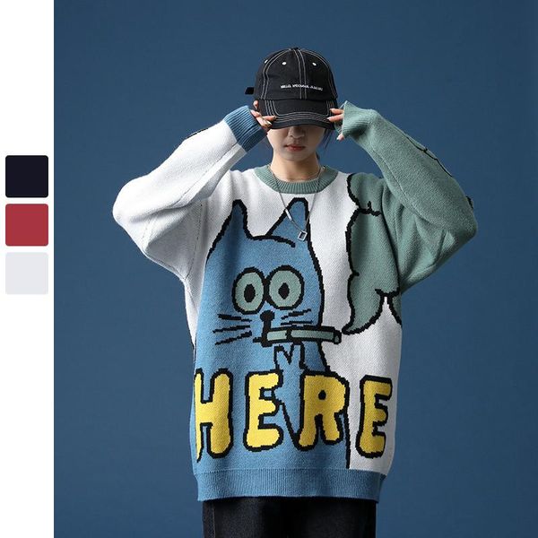 

couple sweaters cartoon smoking cat casual outerwear warm pullovers cute oversized sweater loose o-neck youth style, White;black