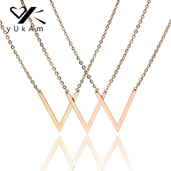 

pendant necklaces yukam 316l stainless steel rose gold color letter v shape choker pendants for women girl short necklace simple jewelry, Silver