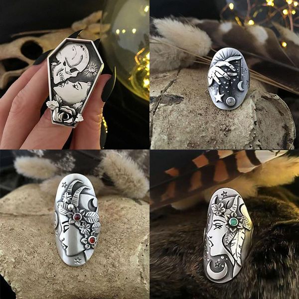 

cluster rings 2021 fashion star moon shape wedding for women cat eyes stone anel antique retro oval opal ring female party resin anillos, Golden;silver