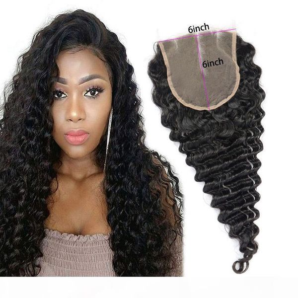

indian raw virgin hair six by six lace closure 8-20inch natural color wholesale 6x6 lace closure deep wave curly closures with baby hair, Black;brown