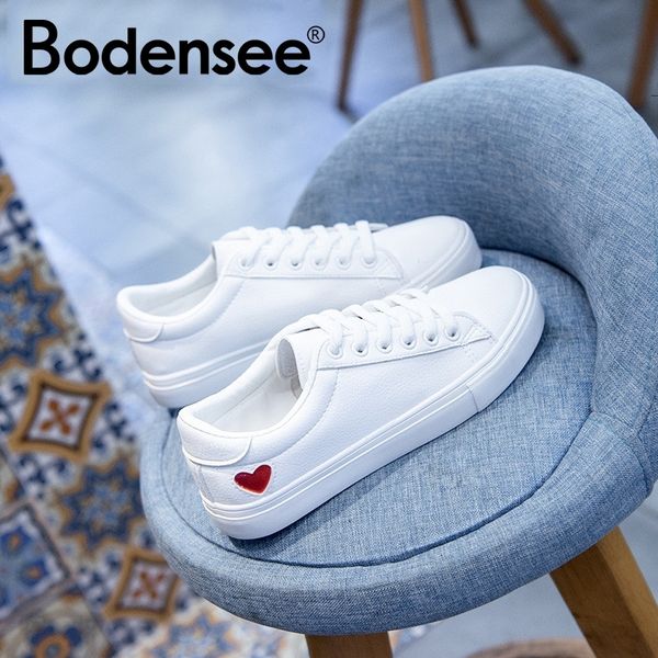

bodensee women canvas shoes women casual flats heart lace-up fashion female spring/autumn shoes solid white sneakers y200108, Black