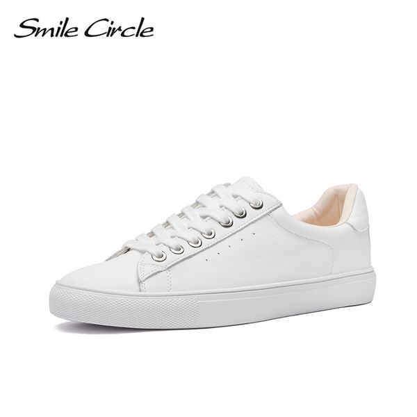 

smile circle white sneakers women genuine leather low-heel flat platform ladies lace-up fashion white shoes women size 36-42 lj200824, Black