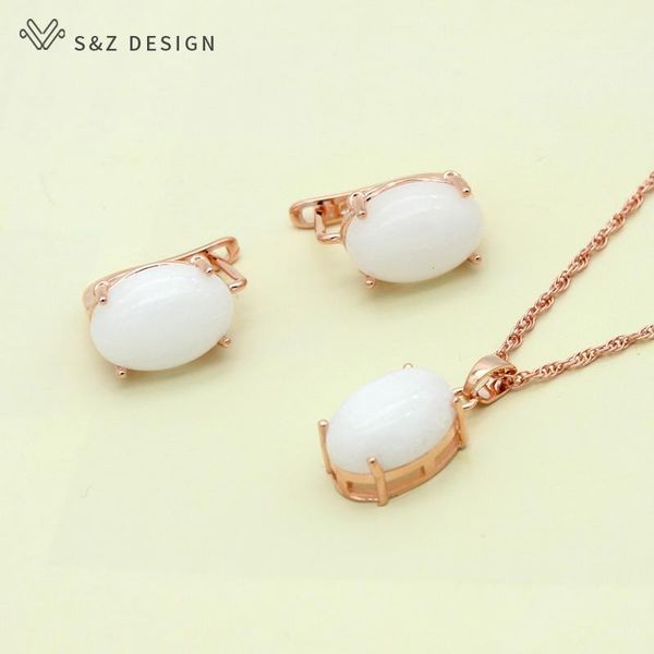 

s&z design korean fashion oval egg shape natural stone stud earrings 585 rose gold pendant necklace jewelry sets gifts for women, Silver