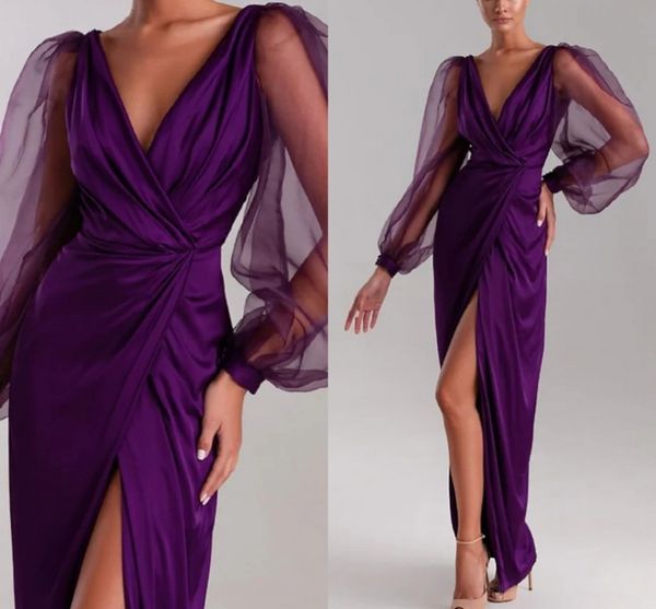 

mermaid grape prom formal evening dress v neck long sleeve floor length pleats slit party gown 2022 robe de soiree vestidos de fiesta, Black;red