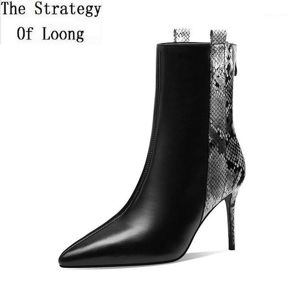 

boots spring autumn fashion pointed toe snakeskin genuine leather women mid-calf winter plush ladies half botas 202108151, Black