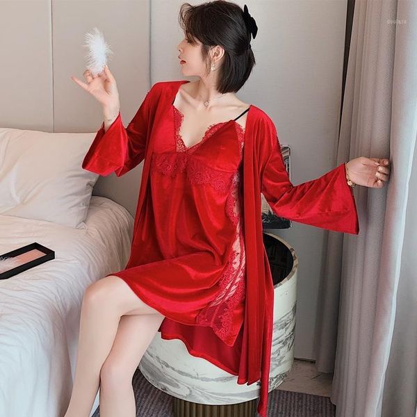 

luxury gold velvet robe set with chest pad female emotional fun hollow sling nightdress nightgown two-piece nightwear homewear1, Black;red
