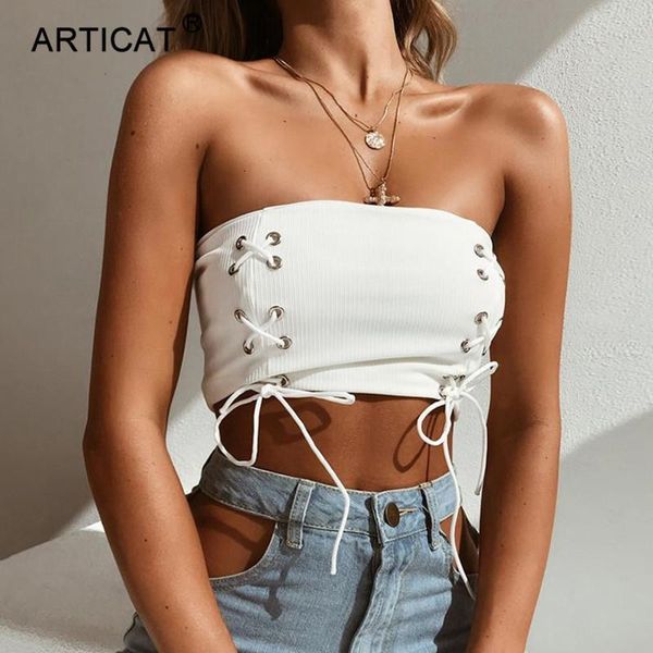 

off shoulder bandage strapless crop women polyester black lace up cropped summer bustier tees feamle tank, White