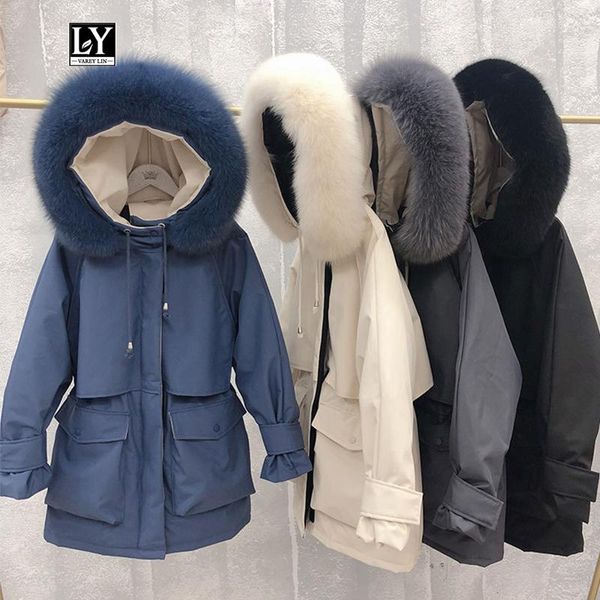 

ly varey lin new winter large real fur collar hooded down jacket overcoat women warm thickness loose white duck down parka, Black