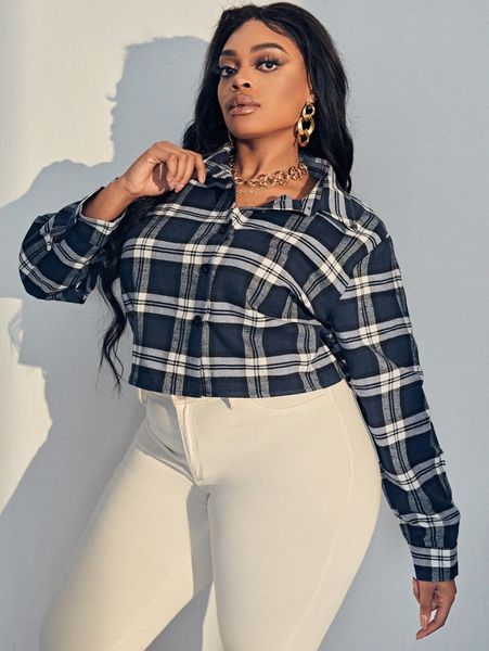 

sxy plus plaid print blouse s6d3#, Black