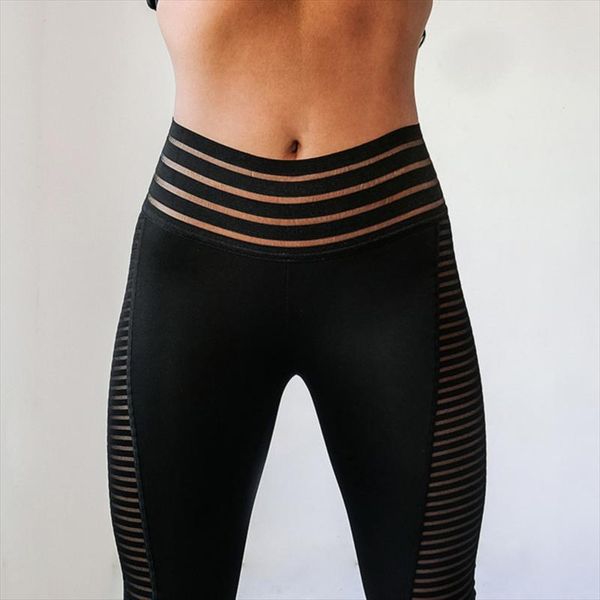 

womens leggings fashion sports trousers mesh patchwork slim elastic fitness pants breathable running casual pants drop shipping, Black