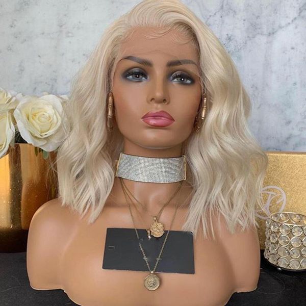 

lace wigs white blonde 60# front short bob 150% density human hair, Black;brown