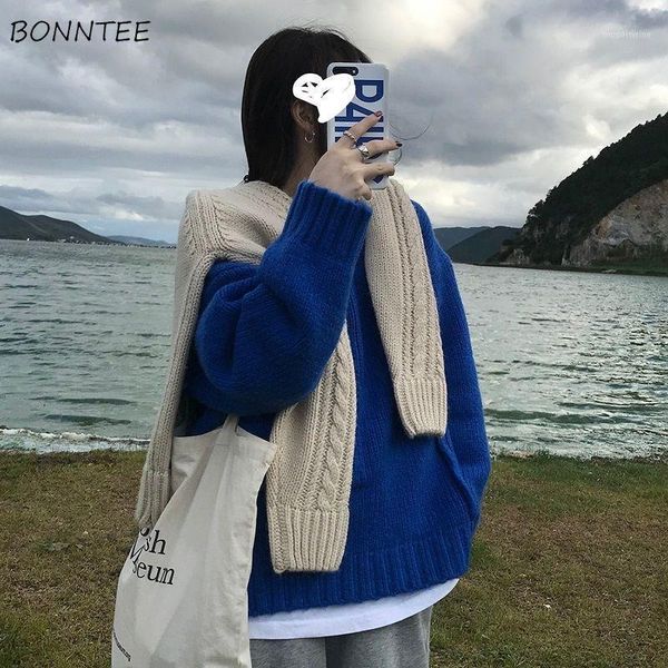 

thicker sweaters women holiday vintage loose retro soft long sleeve autumn girls pullover o-neck solid ulzzang femme knitted ins1, White;black