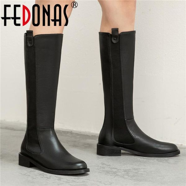 

fedonas vintage tight high boots 2020 autumn winter shoes woman heels side zipper working basic thick heels knee high boots1, Black