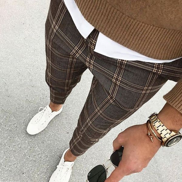 

men's casual sports shorts plaid stripe men's digital print slim fit pants irregular plaid trousers, White;black