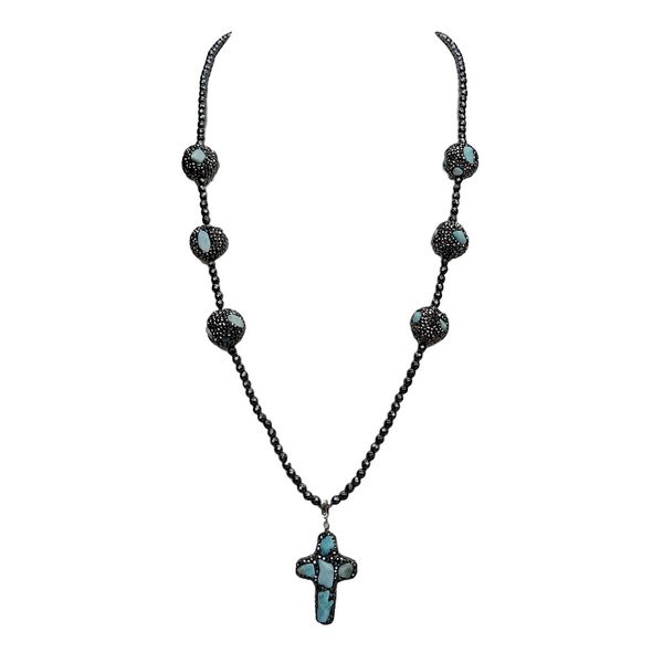

black hematite blue necklace crucifix larimar pendant 27" q1209, Bronze;silver