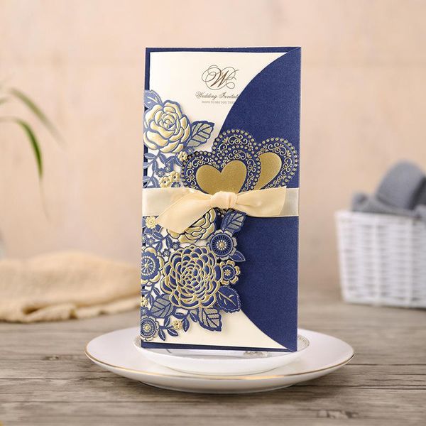 

100pcs laser cut white navy blue wedding invitations cards with bronzing heart flowers for engagement bridal shower,customizable