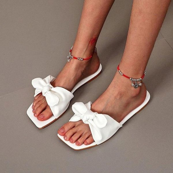 

women's bow-knot slippers big size female square open toe slides woman solid casual flat ladies 2021 summer shoes women footwear #vh0w, Black