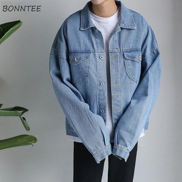 

jackets men turn-down collar denim solid simple all-match korean style pockets leisure jacket mens retro outerwear streetwear, Black;brown