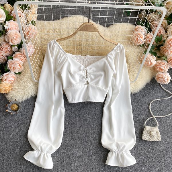 

2021 new female singing chic blouse autumn neck puff solid thin blouses elastic fashion short qbam, White