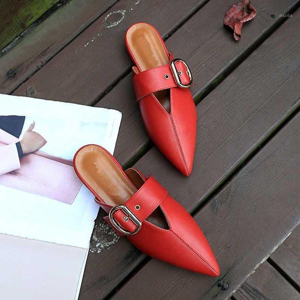 

slippers toe pointed luxury mules buckle lamb skin texture soft women flat with solid fashion summer slides size 35-431, Black